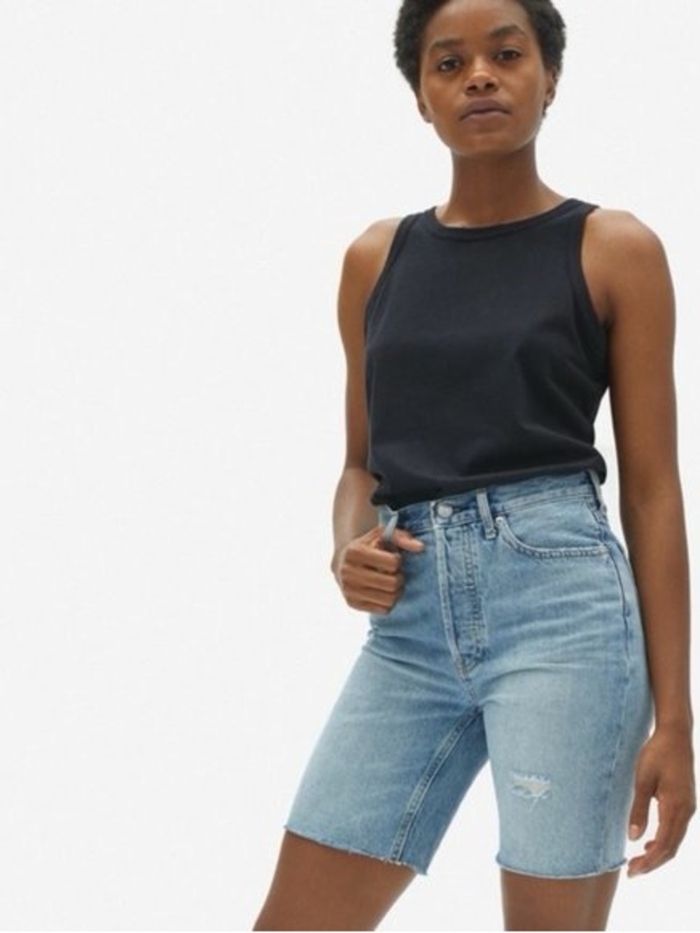EVERLANE The Jean Cheeky Long Denim Distressed Shorts